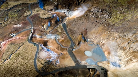 Multitude of colored hot springs in Seltún in Reykjanes