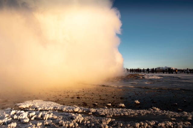 Remains of a cloud of steam after a geyser blew up in front of a crowd in Iceland