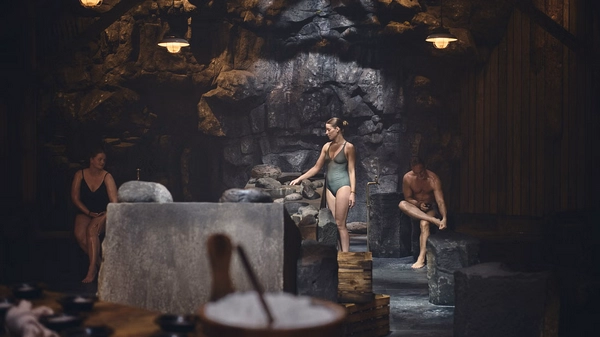 Relaxing in the warm geothermal waters at Sky Lagoon